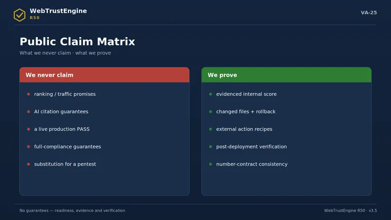 Two panels separating non-claims from proven items.