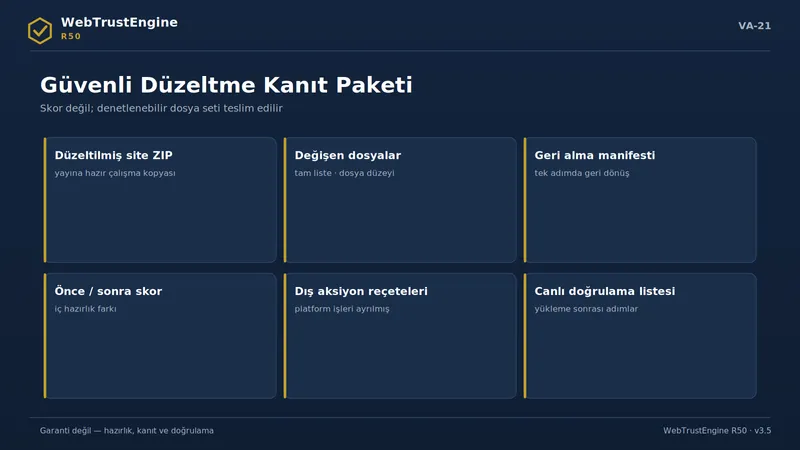 Altı teslim kartından oluşan kanıt paketi görseli.