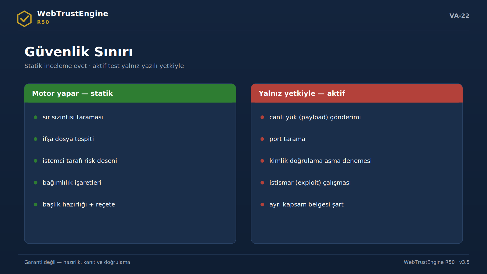 Statik incelemeyi ve yetki gerektiren aktif testleri ayıran iki panel.