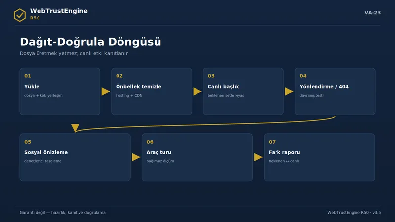 Yedi adımlı dağıtım doğrulama akışı.